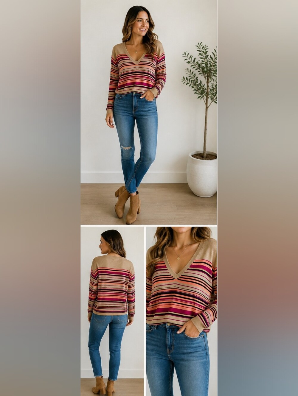 New York & Company Multicolor Striped V-Neck Blouse Sweater XL